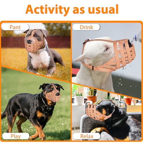 Image of Mayerzon Pitbull Dog Muzzle for Large Medium Dogs Prevent Biting Scavenging | Fits Rottweiler Amstaff Broad-nosed Breed, Sturdy Breathable Basket, Training Walking Use, Allows to Drink | Apricot, M