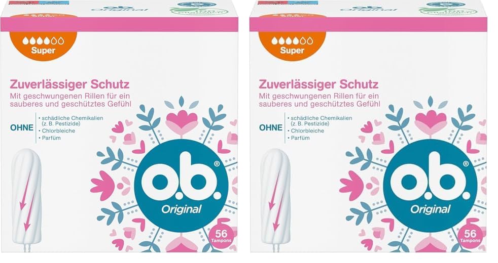 o.b. Original Super, Tampons für starke Tage mit StayDry Technologie und geschwungenen Rillen, für zuverlässigen Schutz und ein sauberes Gefühl (1 x 56 Stück) (Packung mit 2)