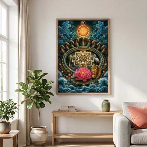 Image of Livin'luxe Sheshnag Om Shree Yantra Lotus Wall Painting for Living Room Bedroom Pooja Room Decor with Premium Wooden Color Synthetic Frame, Spiritual Hindu Art Gift (18 x 24) NL01-4085