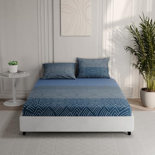 Image of BLISSHOME Everlast 150TC King Size Fitted Bedsheet with 2 Pillow Covers, Aesthetic Bedding, Wrinkle Resistant, 100+ Wash Durable, Quick Dry, Geometric Pattern - Teal (183cm x 198cm + 25cm Drop)