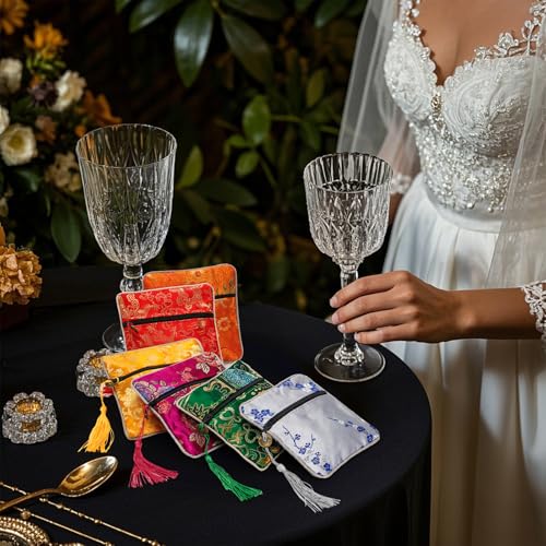 Image of ZOOFOX 30 Pieces Silk Jewelry Pouch, Brocade Embroidered Coin Purse with Zipper and Tassel, Small Gift Bags for Small for Jewelry Wedding Party Favor Chinese New Year Goodie Candy Bags