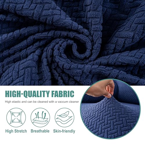 Image of Genina Recliner Loveseat Covers with Console, Stretch Reclining Sofa Covers, 2 Seater Couch Cushion Stripe Jacquard Recliner Slipcovers - Furniture Protector Covers for Pet Kid (Navy Blue)