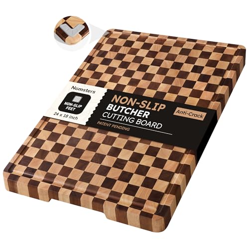 Image of Cutting Boards for Kitchen Checkered Cutting Board 24in Acacia Wood Charcuterie Board Serving Heavy Duty Non Toxic Slip Over Sink Butcher Block Wood Chopping Board with Juice Grooves Handles