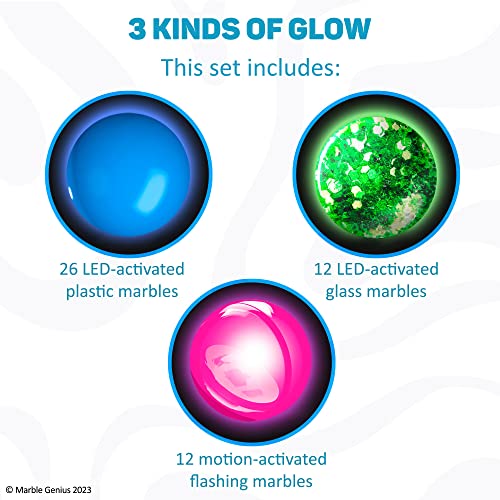 Marble Genius Marble Glow Run Race Track Set Glow In The Dark (50 Pcs) Stem Educational Building Block Toy, Instruction App Access & Full Color Instruction Manual, Great Gift For Kids, Marbles #TOP2