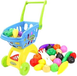 Mini Trolley Toy Set 24pcs Plastique Supermarché Panier Jouet Aux Légumes Fruits Modèle Pretend Jouer Jeux Bleu, Jouets Éducatifs