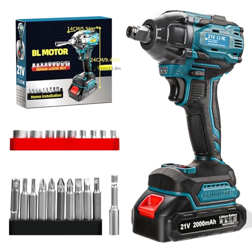 300 N.m Clé à percussion sans fil, moteur d’impact de couple 21 V, pistolet à percussion sans balais de 1/2