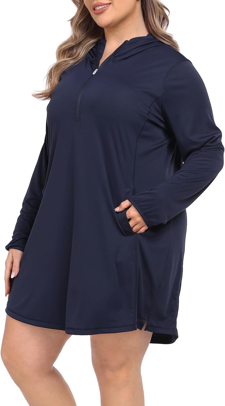 HDE Women's Plus Size Swim Coverup Dress with Hood UPF 50 Long Sleeve Cover Up