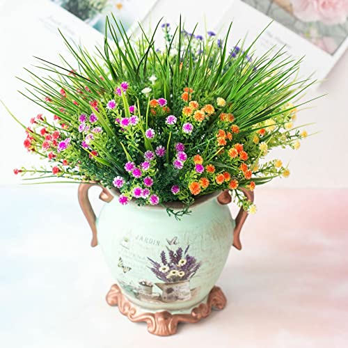 Sunm Boutique Artificial Outdoor Plants, 8 Bundles Fake Plastic Wheat Grass, Faux Plastic Greenery Shrubs for Indoor Outdoor Garden Office Window Box Veranda Centerpiece Floral Wedding Decor