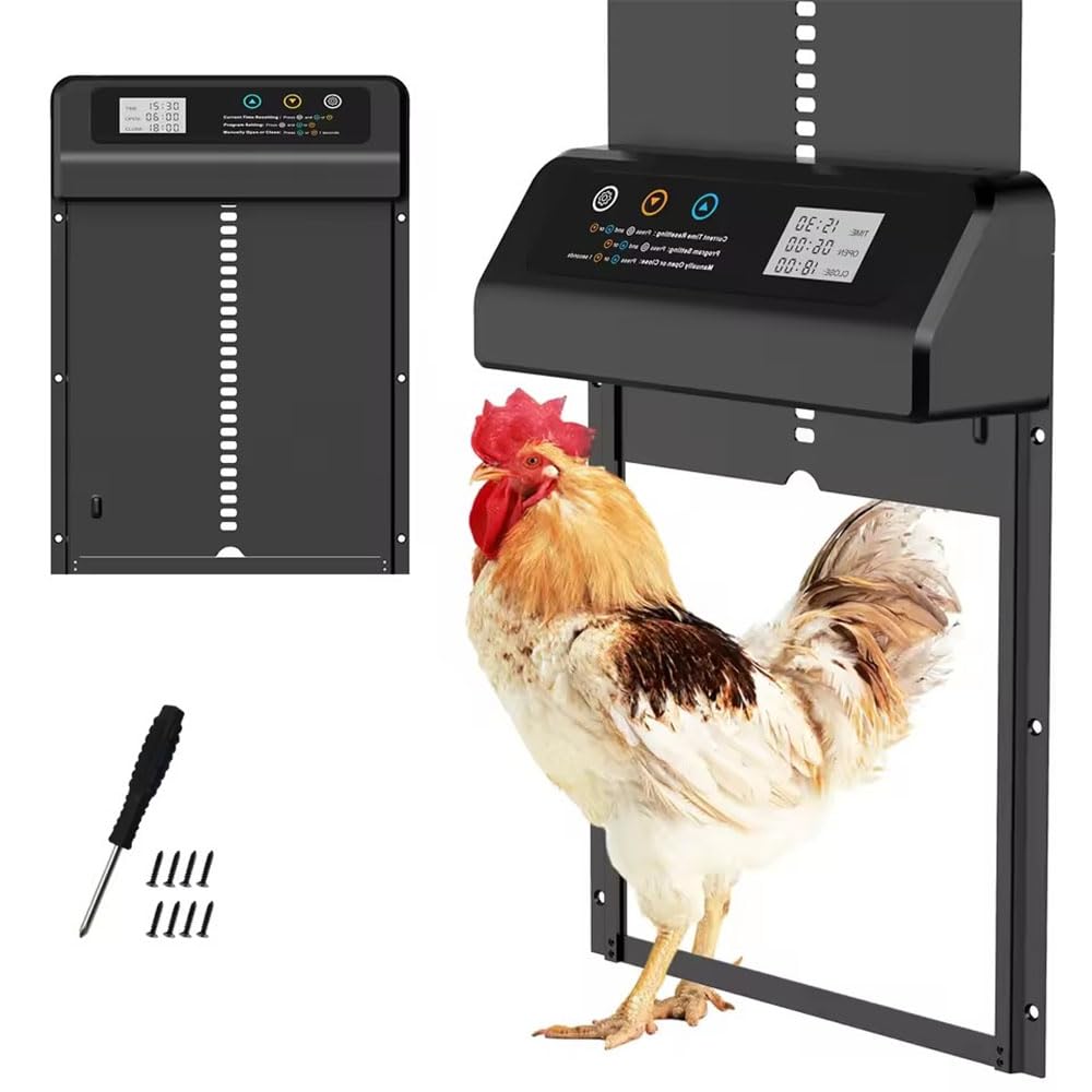 Porta Automatica Pollaio, Porta Automatica per Polli con Chiusura a Scatto, Impermeabile, Ampio Display, Timer, Modalità Manuale e Protezione Intelligente Anti-intrappolamento