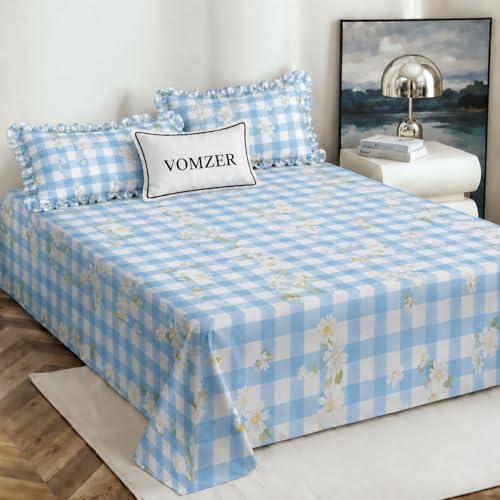 Image of VOMZER Cotton Feel King Size Flat Bedsheet for Double Bed, 1 Cotton Feel Bed Sheet Double Bed (90x100 Inches) with 2 Frill Pillow Cover, Blue Check