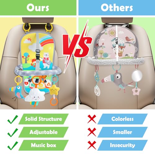 Image of Baby Car Seat Activity Toy for 6+ Months - Rear Facing Travel Toy with 2-Level Volume Music, Teether & Plush Toys, Adjustable Arch for Infants