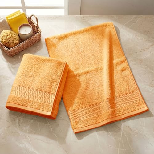 Image of LANE LINEN 450 GSM 100% Cotton Colorado Hand Towel 2PC - Tangerine | Ring Spun Cotton Weave, True 60x40cm Each, Quick Dry & Absorbent, Napkins for Gym, Workout, Sports