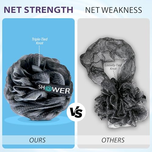 Image of Loofah Charcoal Bath Sponge XL 75g Set by Shower Bouquet: 4 Pack, Extra Large Mesh Pouf Soft Scrubber for Men and Women - Exfoliate with Big Black & White Gentle Cleanse in Beauty Bathing Accessories