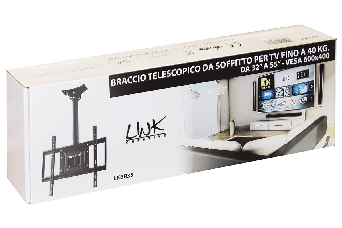 Link LKBR35 Braccio Telescopico da Soffitto per TV da 32" a 55" – Fino a 40 kg – Compatibile VESA 75x75, 400x400 – Orientamento Verticale -15° e Rotazione 360° – Estensione 617-917 mm – Colore Nero