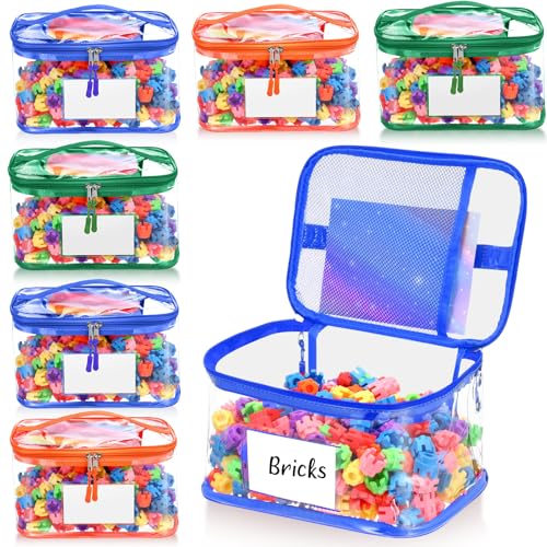 Aliceset 6 Pack Clear Toy Storage Bag with Name Tag & Manual Pocket Reusable Clear PVC Board Game Storage Travel Waterproof Organizer Bags with Zipper for Books(Blue, Green, Orange)