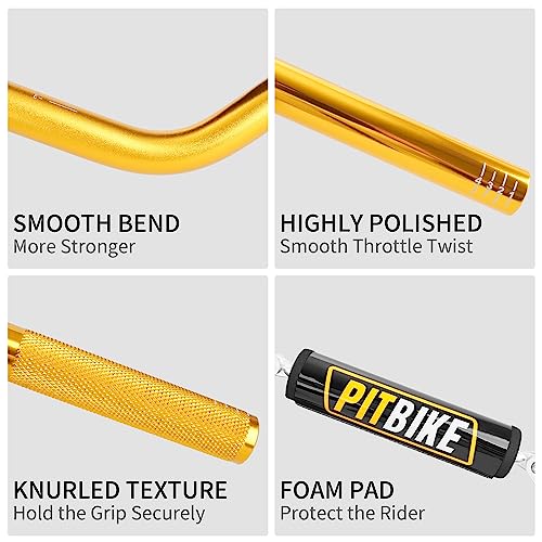 Image of Handlebars 7 /8 Inch for Motorcycle,RUTU Upgraded Universal Dirt Bike Handle Bar with Crossbar Pad Mid-Rise Mini Bike Pit Bike Handlebar for Motocross ATV Quad - Golden