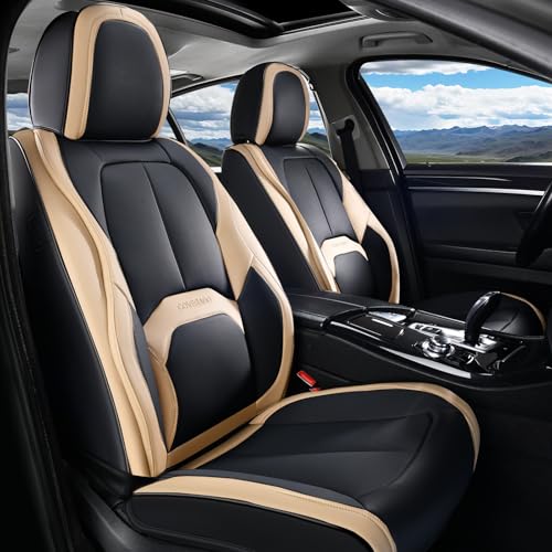 Image of Coverado Seat Covers, Premium Nappa Leather Car Seat Covers Front Seats, Waterproof Car Seat Protector with Lumbar Support, Front Driver Seat Covers Universal Fit for Most Cars (Black&Beige)
