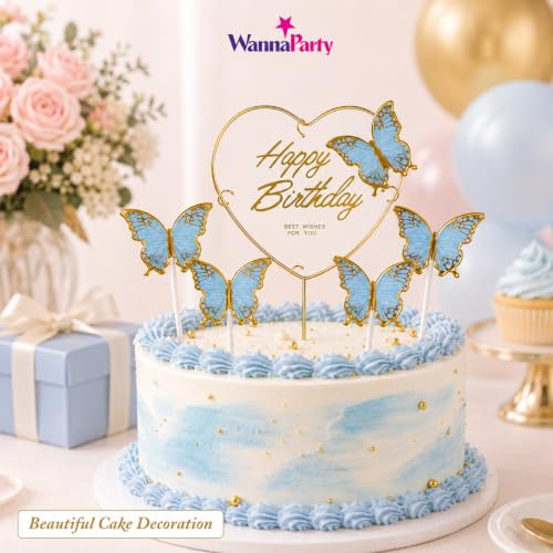 Image of Wanna Party Happy Birthday Cake Topper with Blue Butterflies, 5 Pcs Butterfly Cake Decoration Set for Birthday Cake, Cupcake, Dessert Table, Party Decor & Celebration Supplies