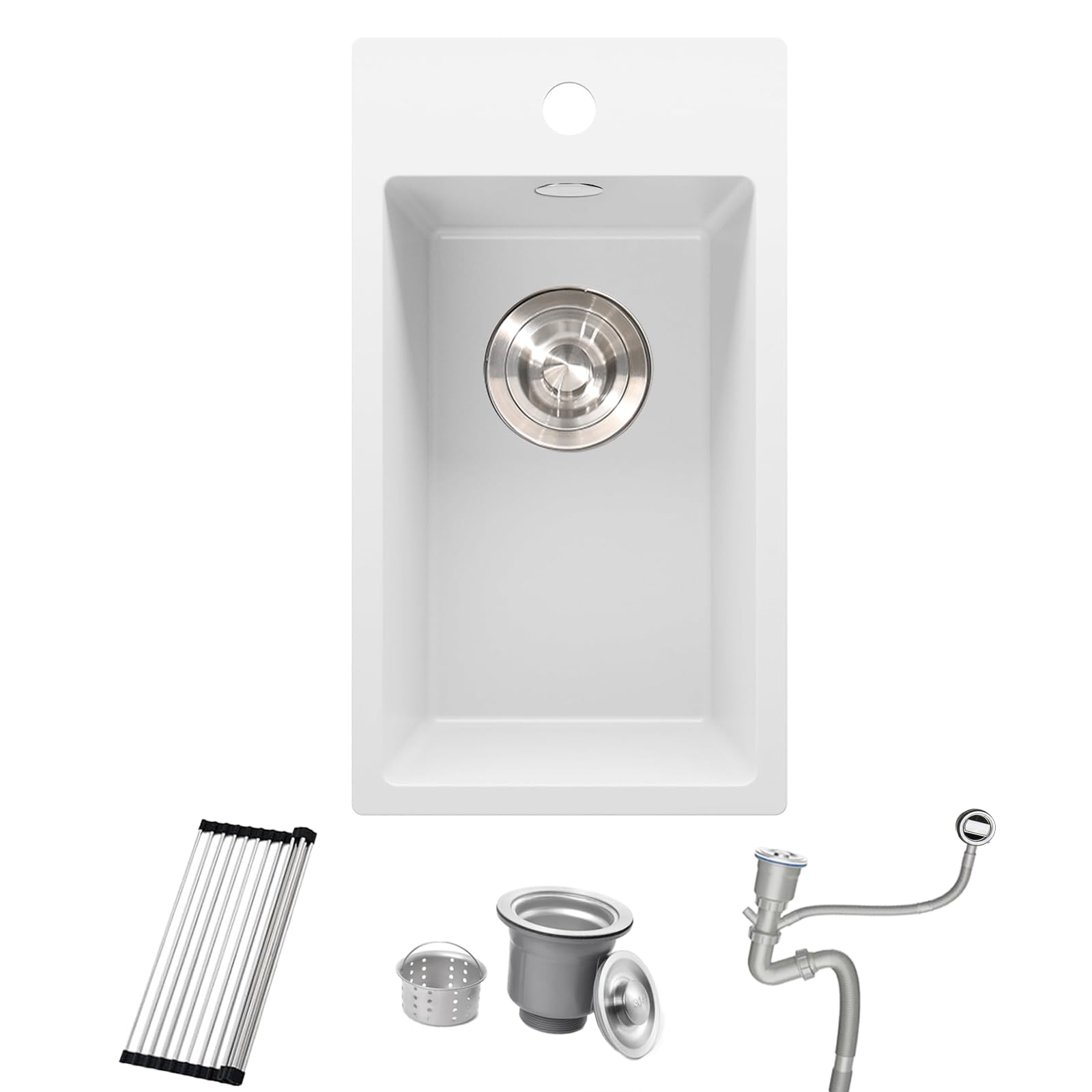 Fregadero Granito Blanco 28x50cm, Pequeño Fregadero de Barra Húmeda, Sobre encimera al mueble 30cm, Minilavabo de Cocina para Exteriores, para RV, con Rebosadero, Rejilla Enrollable y Sifón