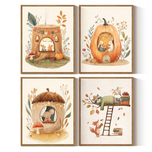 VIYYIEA 4 Pcs Framed Wall Art, Vintage Woodland Cottage Nursery