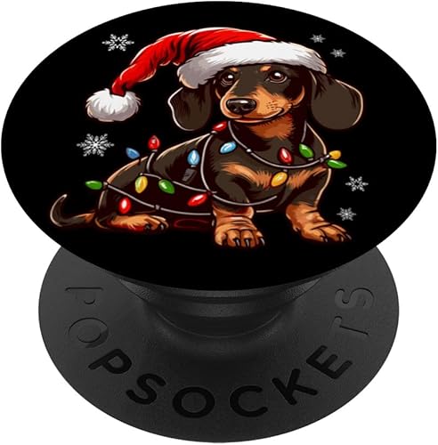 Feliz Navidad Dachshund Santa Sombrero Luces Navidad Hombres Mujeres PopSockets Estándar PopGrip