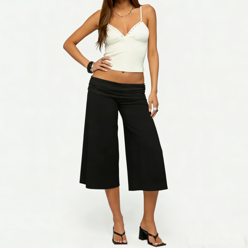 ROAONOCOMO Women Fold Over Lounge Gaucho Pants Low Rise Wide Leg Cropped Capri Pants Comfy Flared Yoga Culotte Bottom