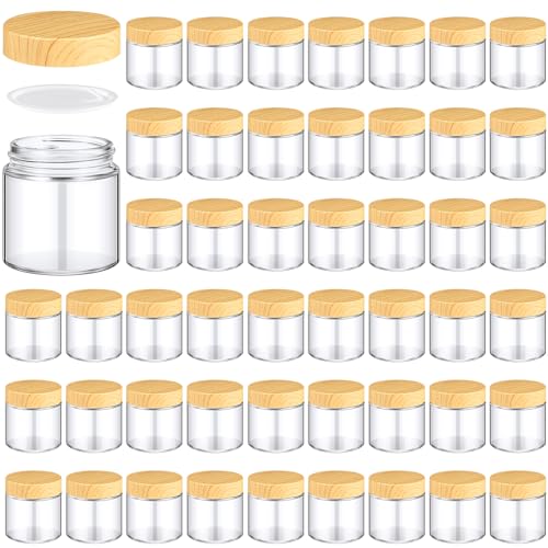 Norme 48 Pcs 4 oz Glass Jars with Lids Empty Small Glass Containers and Inner Liners Reusable Cosmetic Jars Round Airtight Bottles with Plastic Woodgrain Lids for Travel