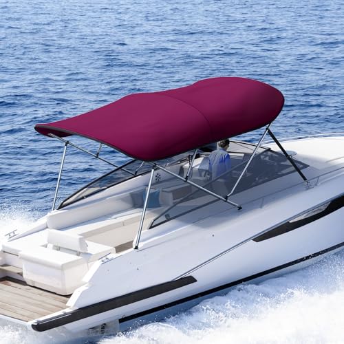 KING BIRD 3-4 Bow Bimini Boat Top Cover Sun Shade Boat Canopy Waterproof 1 Inch Stainless Aluminum Frame 46" Height with Rear Support Poles and Storage Boot 6 Colors -11 Sizes Burgundy 3 Bow