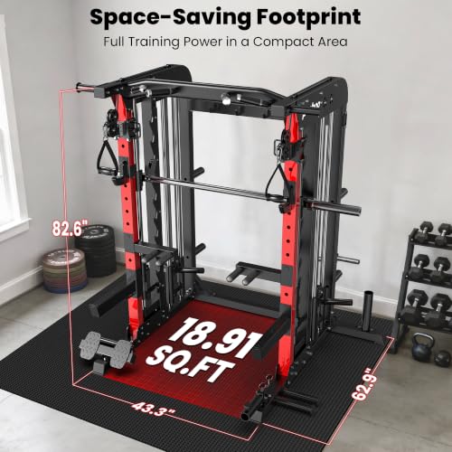 Image of pooboo Power Cage Smith Machine with 2000LB Squat Rack Cable System | LAT Pulldown and Dual Pulley Cable Crossover with All-in-One Home Gym Machine, Adjustable Stations and Training Attachments