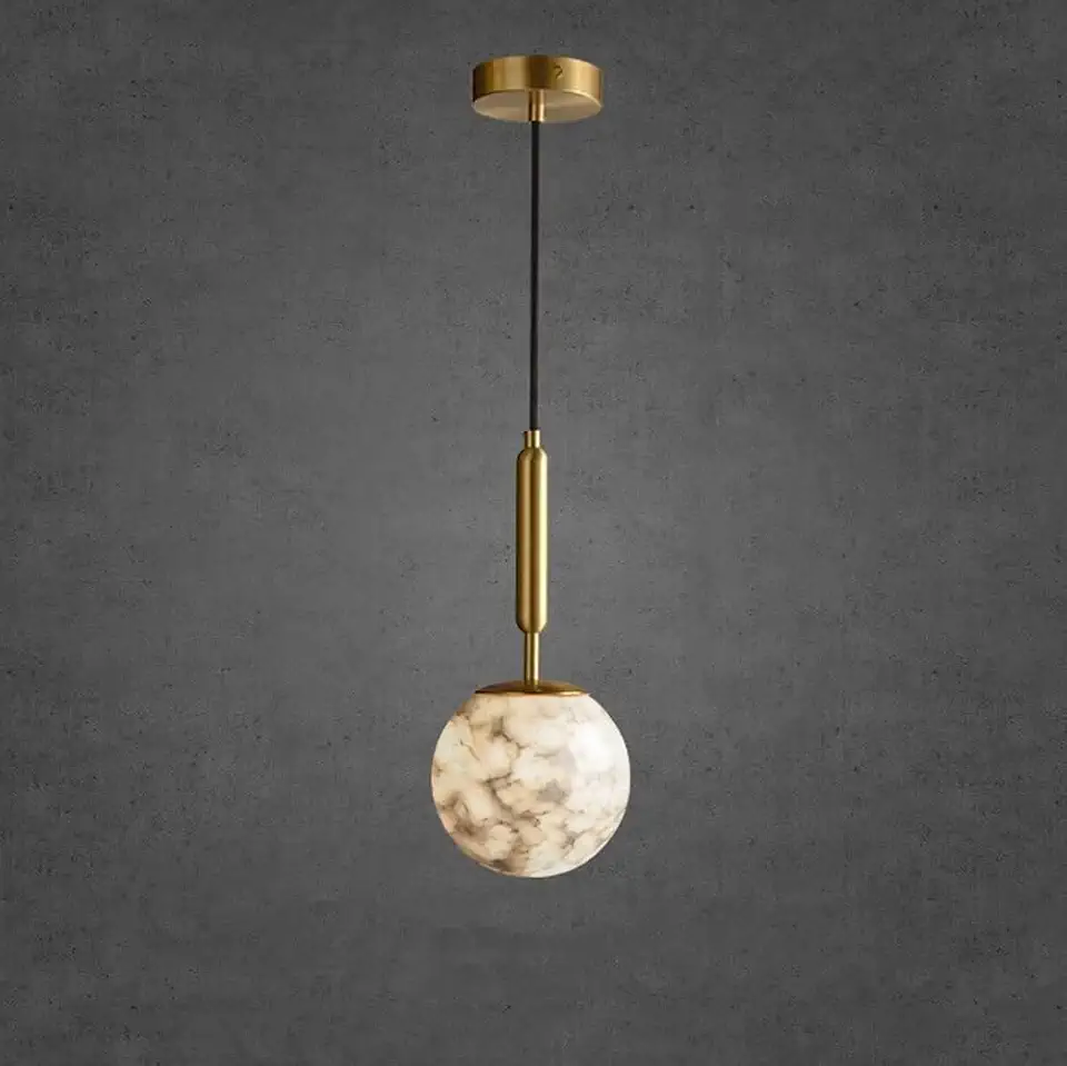 Lustre Pendente em Alabastro Natural e Latão para Cozinha, Luminária de Teto Moderna com Esfera de Pedra, Cabo 1,8m Ajustável, Luxo Minimalista para Mesa de Jantar e Cabeceira