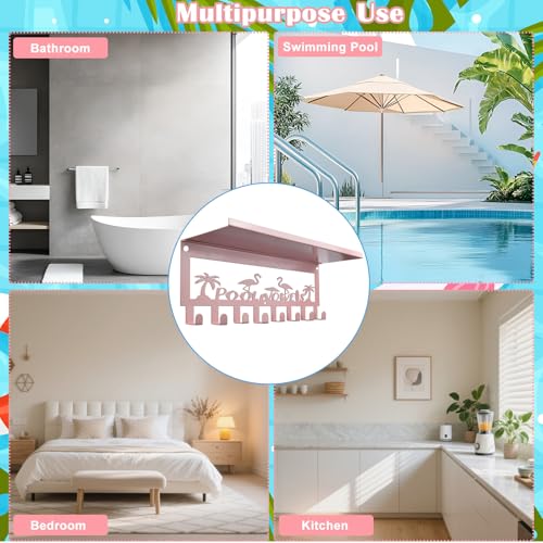 Pool Towel Rack Outdoor with Hooks - 15.7" x 5.3" Flamingo Towel Holder with Shelf 8 Hooks for Outside, Towels Drying Storage and Organization, Hot Tub Accessories Beach Poolside Bathroom Decor, Pink — view 6