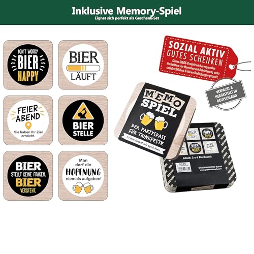 CULT at home Bierkastensitz Stammplatz inkl. Bierdeckel Memospiel – Bierkasten Aufsatz Gartenhocker Hocker Balkon - Geschenkset Camping für Männer Bierkisten Sitzauflage – Geschenk Vatertag 44 x 34 cm