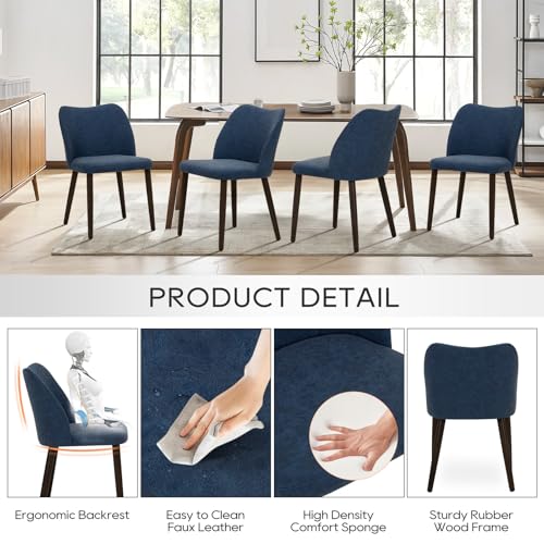 Image of MALOL Dining Chairs Set of 2, Upholstered Leather Kitchen Chairs with Curved Back, Padded Seat and Solid Wood Legs, Modern Dining Chair for Kitchen Dining Room, Blue