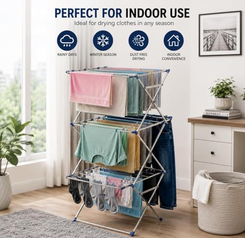 Image of KITCHIVO 3 Layer Foldable Clothes Drying Rack, Stainless Steel Garment Airer Stand with Large Drying Space for Laundry, Towels and Clothes (3-Tier Zig-Zag)