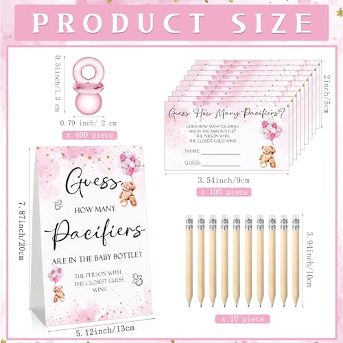 Image of Roowest 512 Pcs Baby Shower Games Guess How Many Pacifiers Sign 100 Small Guessing Games 10 HB Pencils 750ml Milk Bottle 400 Acrylic Pacifiers Decoration for Guest Gender Reveal(Pink,Bear)