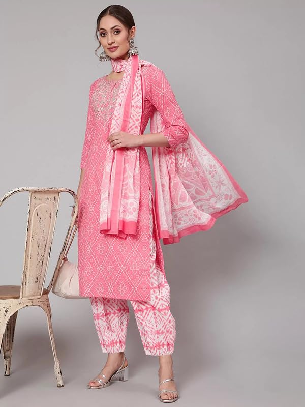 Pinkmint Women Cotton Straight Printed Kurta With Pant & Dupatta Pink