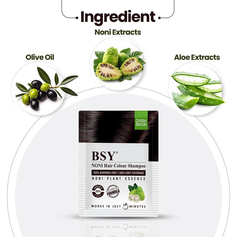 Image of BSY 5-Min 3 IN 1 Natural Hair Color Shampoo Brown | Ammonia Free Long Lasting Hair Color Noni Fruit Extract Based Herbal | No Hair Loss, Grey Coverage Hair Dye Shampoo for Women & Men (20ml-10 Sachet)