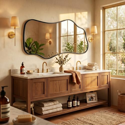 Image of Bathroom Mirrors for Over Sink-Horizontal or Vertical Hanging 47.2 inchx21.6 inch Black Asymmetrical Wavy Aluminum Frame Decorative Full Body Mirror for Living Room,Bedroom,Cloakroom,Entryway