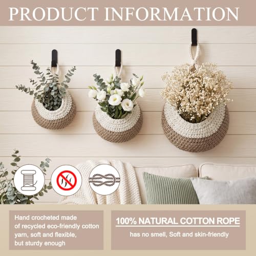 Image of Honeydak 3 Hanging Baskets, White with Light Linen, Teardrop, Cotton Rope