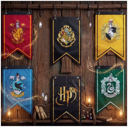 Harry Potter Bandeiras decorativas conjunto de 6 bandeiras para festas decoração de Hogwarts para festas festa infantil e casa bandeiras de tecido (Multi Flags)