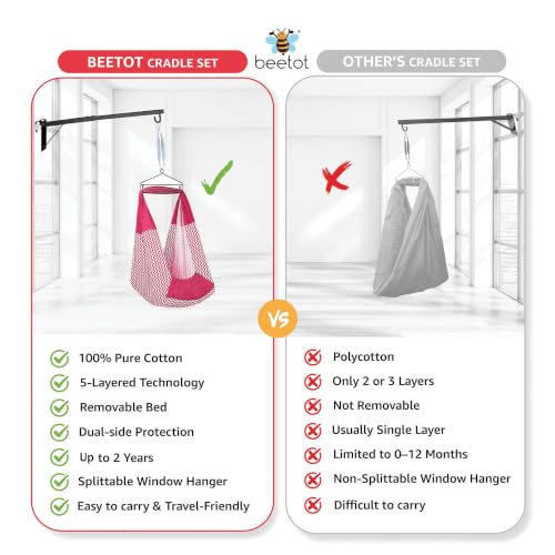 Image of Premium Swing Cradle Set | Hanging Swing Cradle, Removable 5-Layer Padded Bed & Mosquito Net | Up to 15 kg | Red Stripes