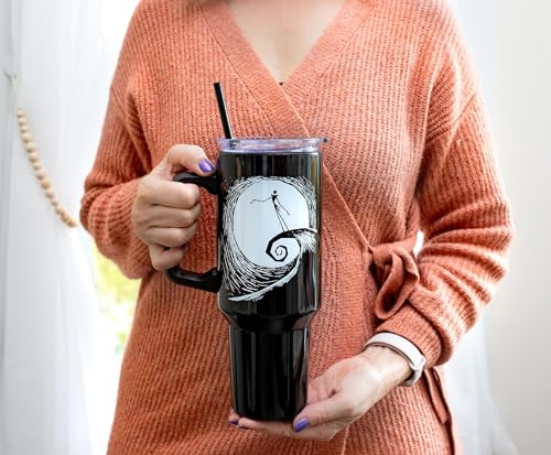 Image of Silver Buffalo Disney Nightmare Before Christmas by Tim Burton Jack Skellington Hill & Moon Drawing Double Walled Stainless Steel Tumbler with Handle and Straw, Fits in Standard Cup Holder, 40 Ounces
