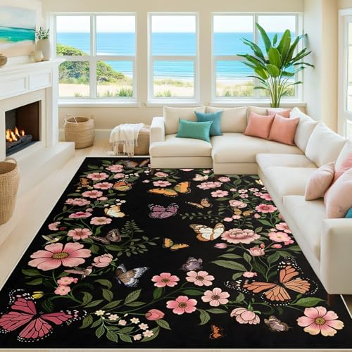 8×10 Area Rug for Living Room - 8×10 Washable Rug Boho Black Floral Carpet for Dining Room Entrance Butterfly Mats Door Mat Indoor