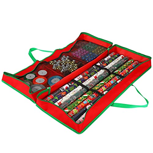 Vinsani Christmas Xmas Decoration Gift Wrap Fabric Storage Bag Large Waterproof Accesories Décor Organiser (83 x 35 x 14 cm) for Wrapping Paper Rolls Tags & Bows - Red