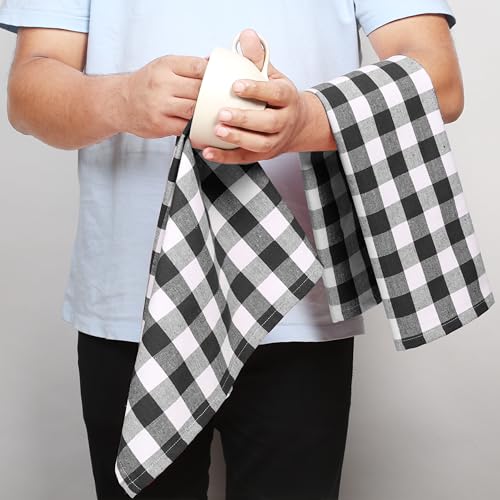 Image of 4 Pack Gingham Buffalo Check Kitchen Dish Towels 100% Cotton 16x26 Inches - Super Absorbent Quick Drying Hand Tea Towels, Restaurant Cleaning Towels with Hanging Loop, Black White