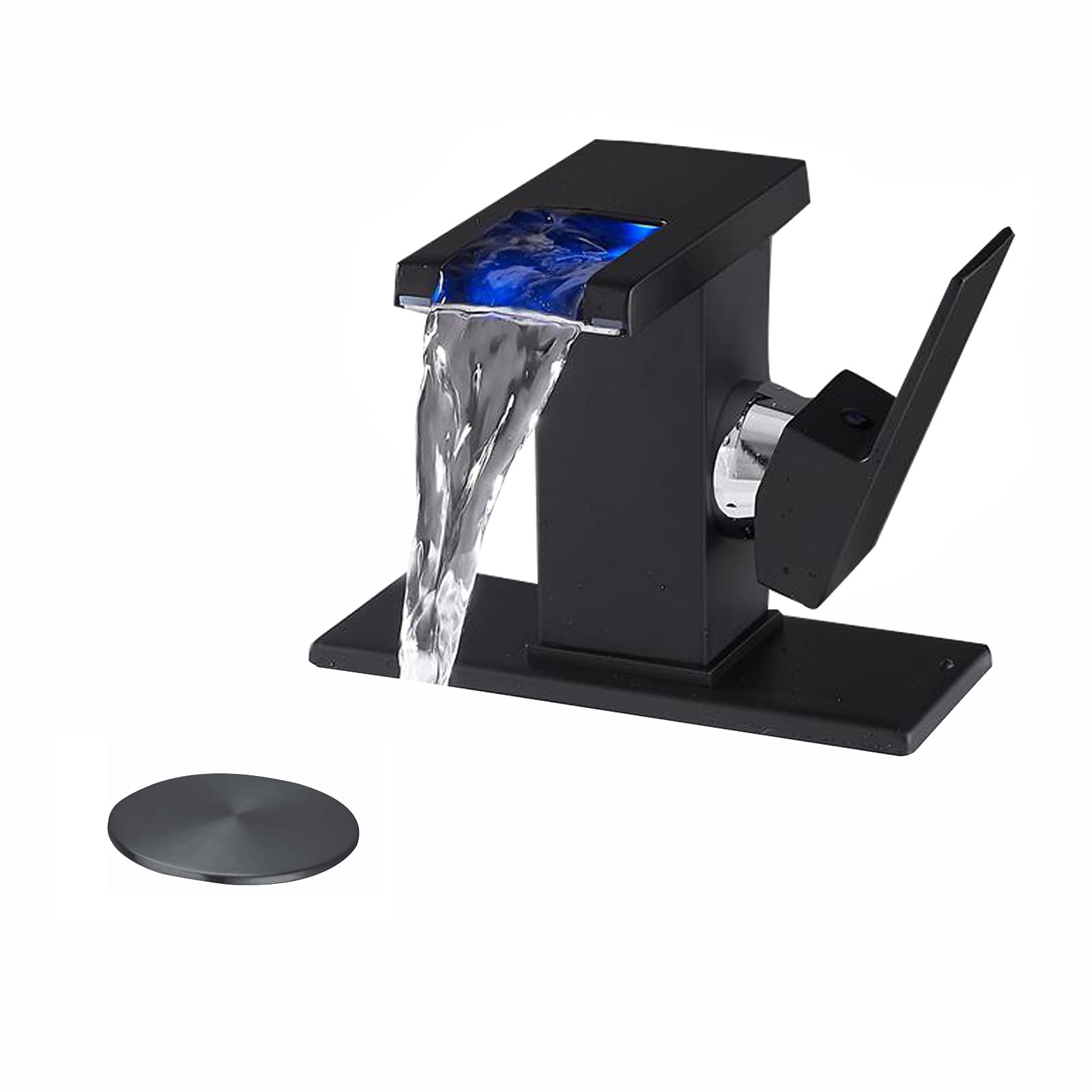 LED Black Waterfall Single Hole Handle RV Bath Vanity Faucets Bathroom Sink Faucet for Sinks 1 or 3 Holes with Metal Pop Up Drain and 2 Water Supply Lines Commercial and Residential