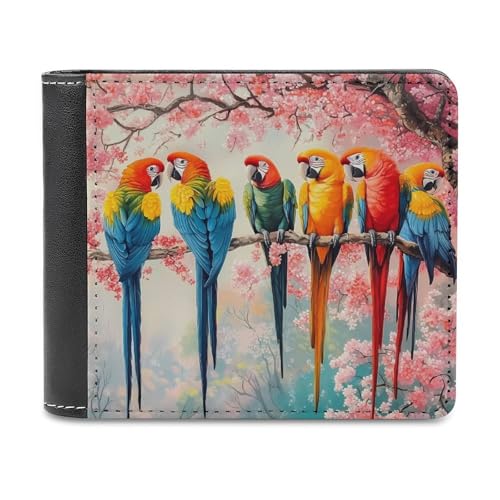Cherry Flowers Parrot Bird Bifold Wallet PU Leather Slim Purse Pocket Wallet with Card Holder for Women Men
