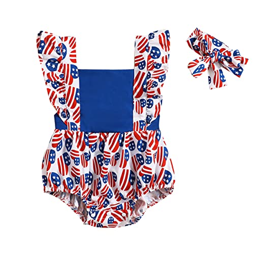 Ritatte 4Th Of July Baby Girl Onesie Romper Stars Stripe One-Pieces Jumpsuits Bodysuit American Flag Playsuit +Headband(Blue-Heart,12-18M(90)) #TOP13