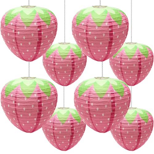 Image of Windspeed Strawberry Paper Lanterns, 8Pcs Hanging Ornament, 3D Strawberry Decoration for Birthday Party Decorations, 8 inch, 12 inch (Pink)