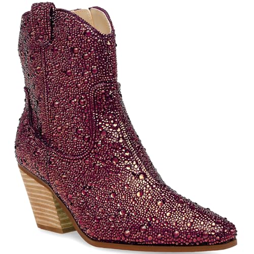LEHOOR Women Rhinestone Western Cowboy Ankle Boots Glitter Chunky Stacked Heel Cowgirl Booties Pointed Toe Short Boot Shoes Side Zipper 2 Inch Block Heels Sparkly Studded Fashion Ladies 4-11 M US2